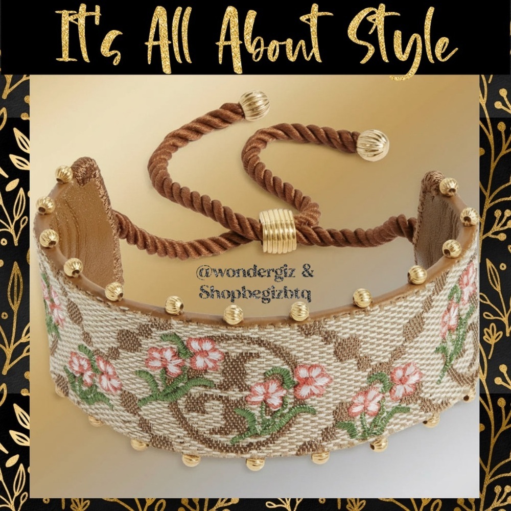 NWT Authentic Tory Burch T-Monogram Logo & Floral Embroidery Slider Bracelet